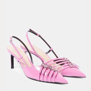 NWT Gucci Regent Slingback Pumps Pink Patent Leather Pointed Toe Buckles Sz 39